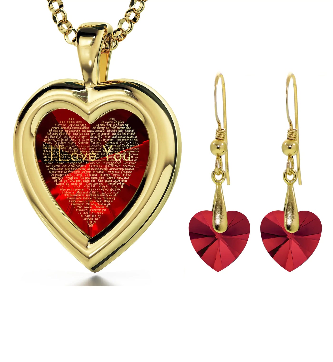 Gold Plated Silver Heart Jewelry Set Necklace and Crystal Earrings