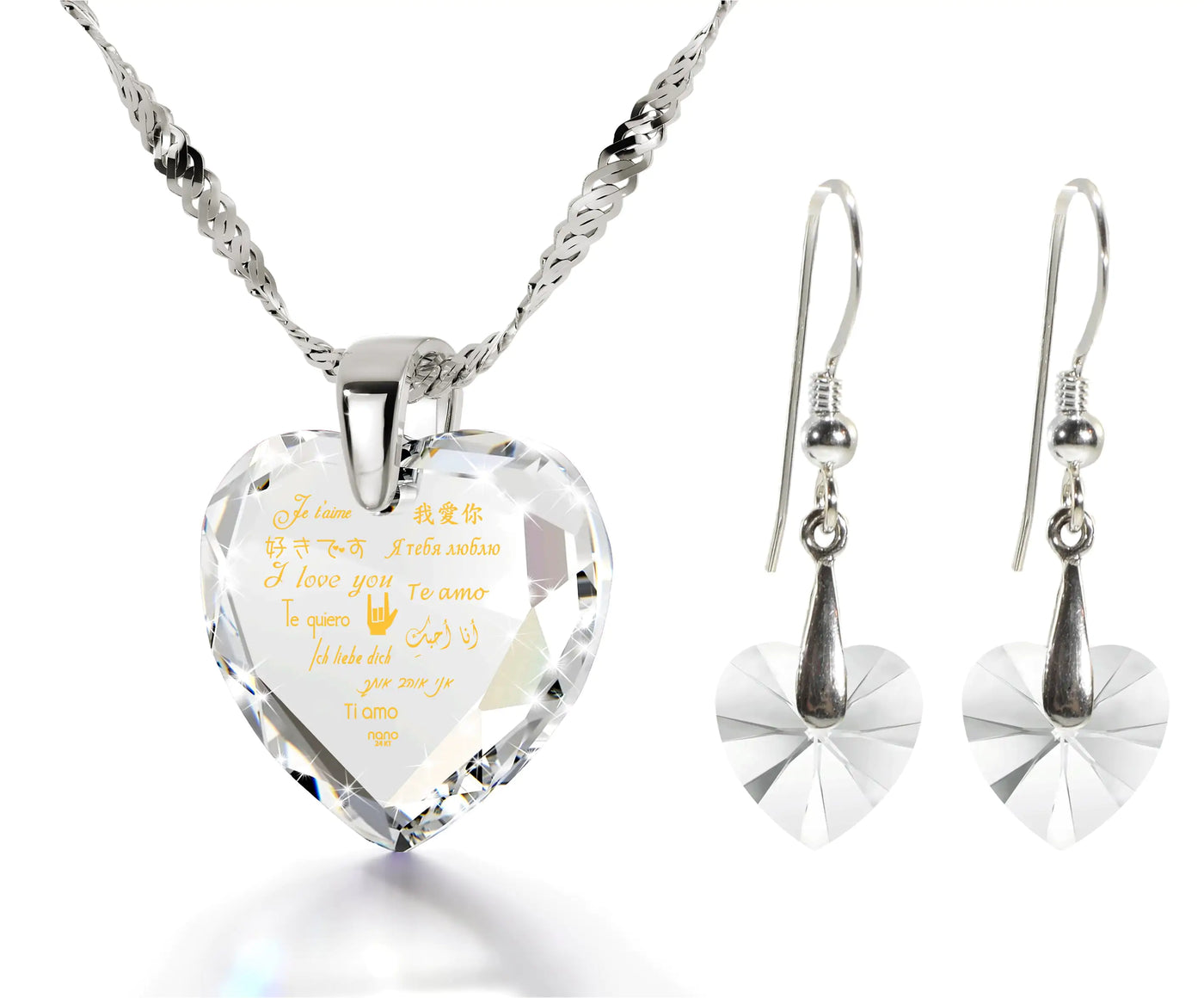 Silver I Love You Necklace and Crystal Earrings Heart Jewelry Set