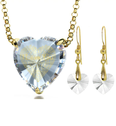 Gold Plated Silver Heart I Love You Necklace and Crystal Earrings