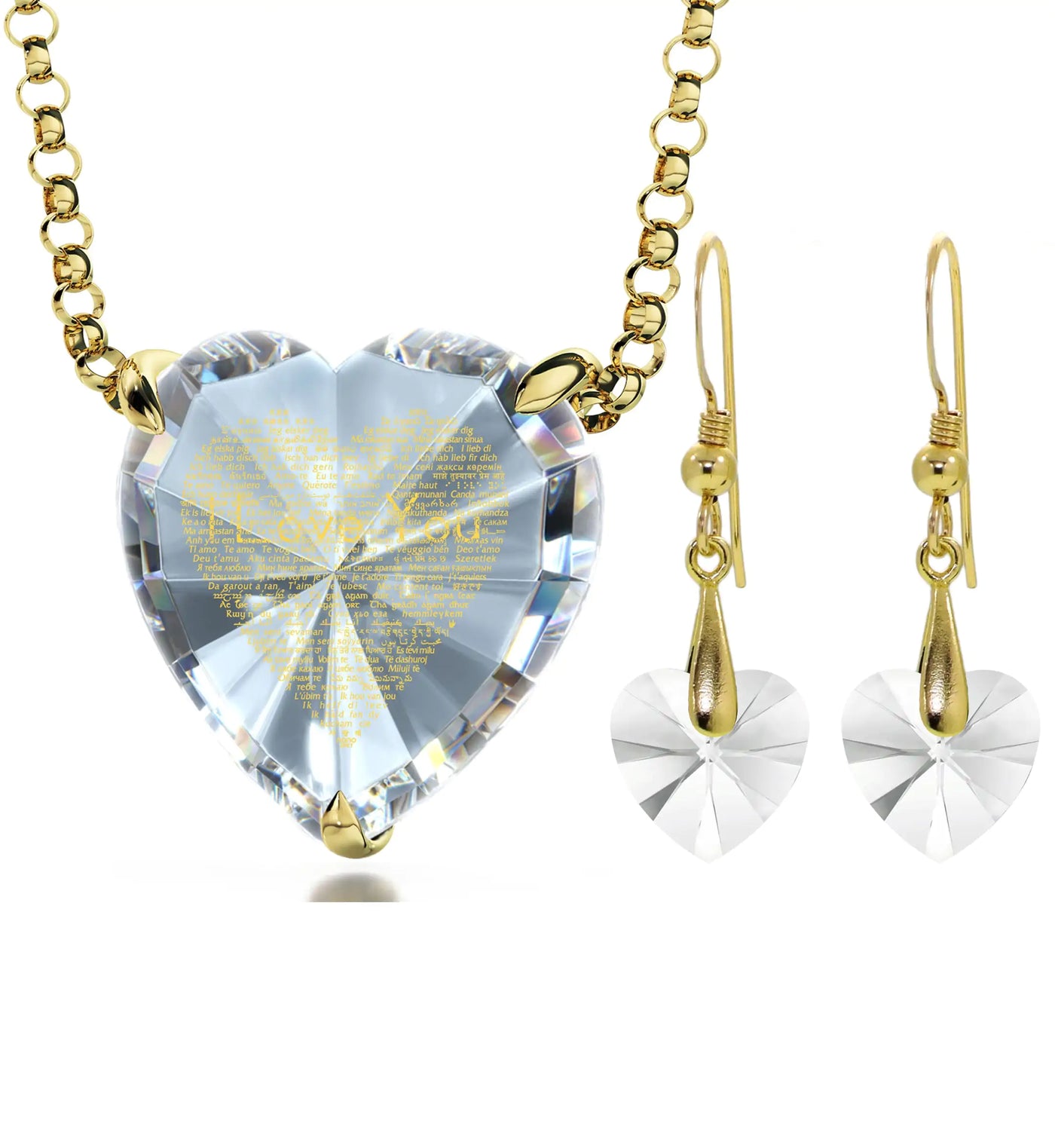 Gold Plated Silver Heart I Love You Necklace and Crystal Earrings