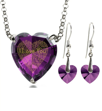 925 Silver Heart Jewelry Set Necklace and Crystal Earrings