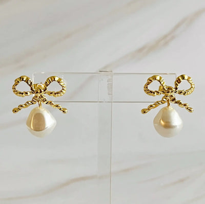 Dangle Pearl Antique Bow Earrings