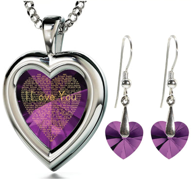 925 Silver Heart Jewelry Set I Love You Necklace and Crystal Earrings